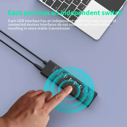 Vista 4 de Hub USB alimentado, divisor USB 3.0 de 8 puertos con 4 puertos de datos rápidos (2 USB-A 3.0 y 2 USB-C), 4 puertos de carga, adaptador de corriente