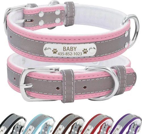 Vista 17 de Collar de perro de cuero reflectante personalizado con forro cálido, collar de perro personalizado con placa de nombre grabada para perros y gatos