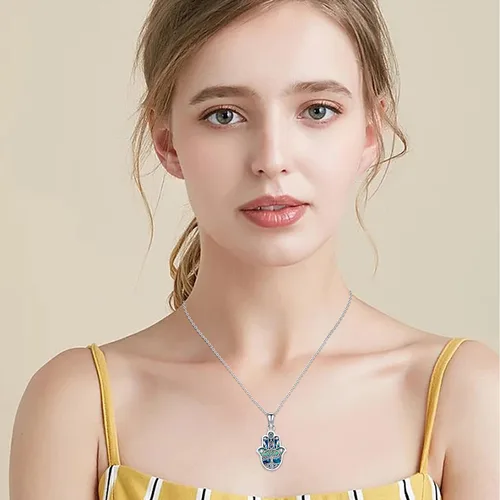 Vista 36 de Aniu Joyería de plata de ley 925 Hamsa de Fátima para mujer con circonita cúbica, viene con caja de regalo negra