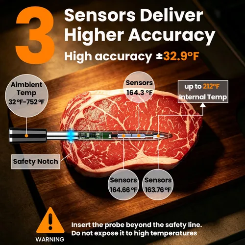 Vista 3 de BFOUR Termómetro digital inalámbrico para carne con 2 sondas impermeables mejoradas, termómetro Bluetooth para barbacoa inalámbrico con pantalla
