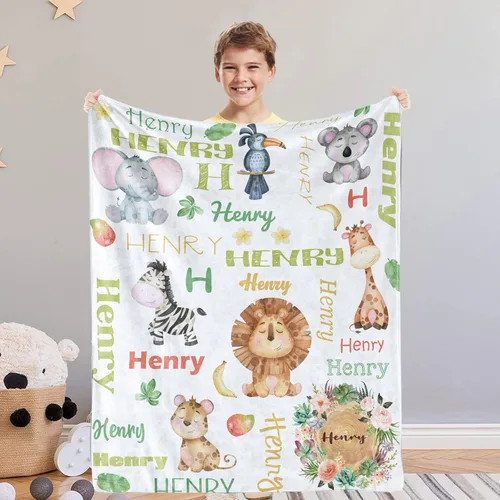 Vista 6 de KAINSY Manta personalizada de animales para niños y niñas, safari en la selva, manta con nombre personalizado para cama de cuarto de bebé