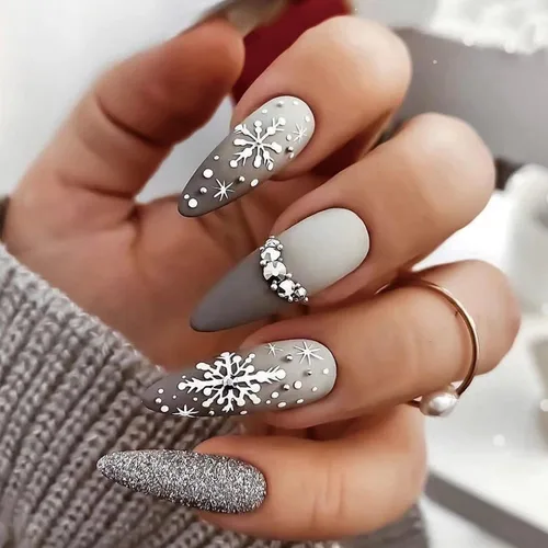 Vista 14 de MISUD Uñas a presión – Uñas con pegamento de almendras medianas con cromo, diseño de punta francesa acrílica, 24 piezas