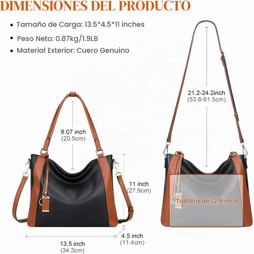 Vista 6 de Over Earth Genuine Leather Purses for Women Soft Large Crossbody Hobo Bags 02-negro/marrón