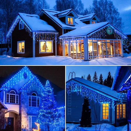 Vista 7 de Luces de carámbano para decoración al aire libre, 300 LED, 33 pies, 8 modos, cortina de luces con 50 gotas, tira de luces LED para interiores
