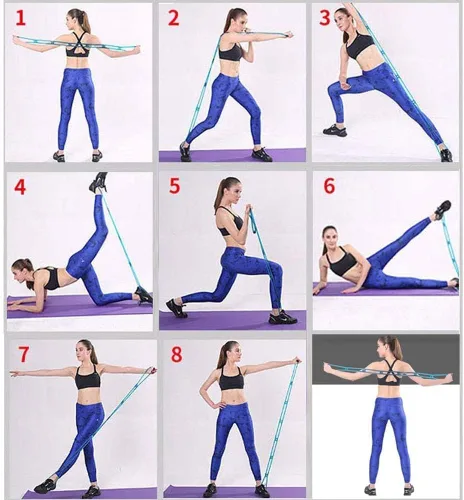 Vista 7 de Banda de ejercicio de resistencia elástica de 7 anillos, banda Miracle Miles, estiramiento de yoga, brazo, hombros, pies, piernas fitness, gimnasio