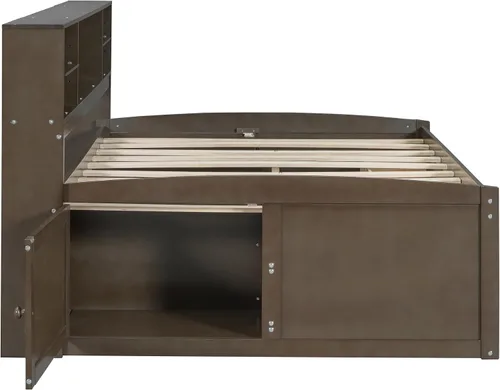 Vista 5 de Sofá cama de madera de tamaño matrimonial con 2 armarios de noche, estantes superiores y 4 cajones, marco de madera resistente, espacio de Marrón