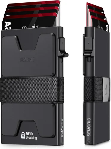 Vista 50 de Cartera delgada de aluminio para hombre, placa trasera expandible duradera, bloqueo RFID, billetera desplegable de metal minimalista, con capacidad