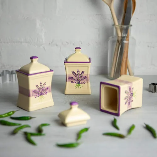Vista 2 de City to Cottage® Patrón lavanda morado y crema Hecho a mano Cocina pequeña de cerámica de 5.3 onzas / 5.1 fl oz Especias de hierbas Juego