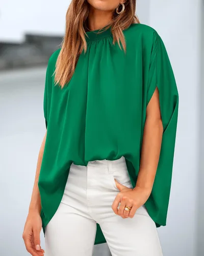 Vista 90 de BTFBM Blusas de verano para mujer, cuello alto falso, manga murciélago, holgadas, dobladillo alto y bajo, blusas informales de gran