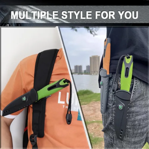 Vista 8 de Cuchillo de caza de hoja fija, hoja de acero inoxidable, cuchillo de hoja fija con funda, arrancador de fuego, sacapuntas, silbato y brújula