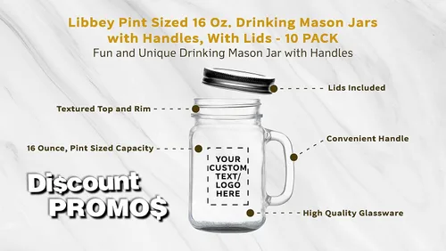 Vista 3 de DISCOUNT PROMOS Tarros de masón con mango Libbey personalizado con tapa de 16 onzas, juego de 10, paquete personalizado a granel