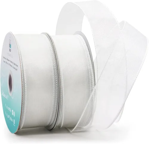Vista 11 de Cinta de organza transparente con alambre de 2.5 pulgadas x 50 yardas, color blanco para silla de boda, lazo, ramo de flora, envoltura de regalos
