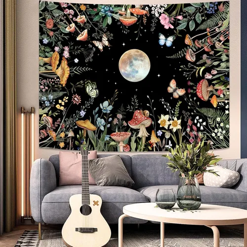 Vista 5 de AMM Tapiz de jardín con luna iluminada por la luna, plantas verdes botánicas, hongos, flores, tapiz para colgar en la pared, color negro