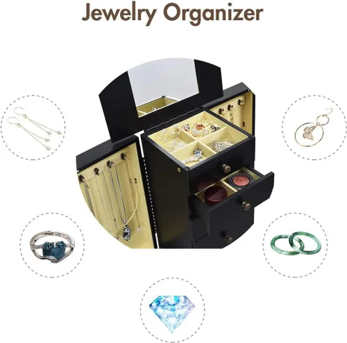 Vista 5 de Byroce - Armario de joyería organizador de joyas con cerradura con espejo superior 4 cajones y 2 puertas baúl de almacenamiento de joyas