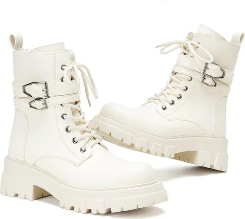 Vista 10 de Botas de combate para mujer, botas rave para mujer, botas de motocicleta de moda, con hebilla, góticas, tacón grueso