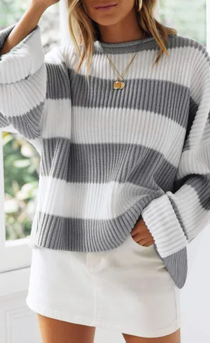 Vista 2 de ZESICA - Suéter tejido sin botones de manga larga y cuello redondo para mujer, a rayas, bloques de color, cómodo, holgado, talla extragrande