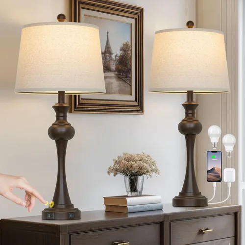Vista 13 de Cinyirong Lámparas de mesa doradas de 28.75 pulgadas, modernas, con control táctil de 3 vías, regulable, con puertos USB A+C y salidas de CA