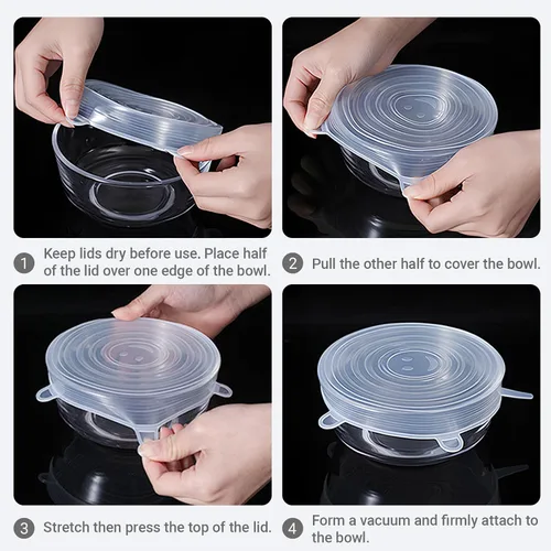 Vista 6 de Paquete de 4 tapas elásticas de silicona reutilizables de 4.5 pulgadas, fundas de silicona para almacenamiento de alimentos, tapas elásticas