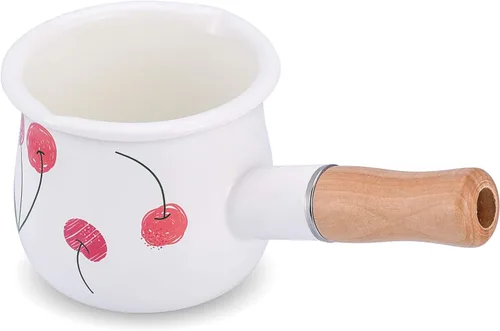 Vista 9 de Olla de leche esmaltada, olla pequeña para leche, calentador de mantequilla de 4 pulgadas, 17 onzas, sartén pequeña esmaltada con mango de madera