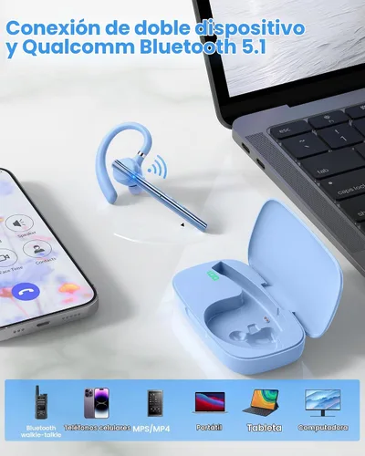 Vista 7 de Auriculares Bluetooth, 72H trabajo auricular inalámbrico de un solo oído Azul claro