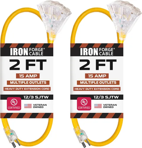 Vista 16 de Iron Forge Cable Cable de extensión resistente de calibre 12, 2 pies, color amarillo SJTW 12/3 Outdoor Cable, Lighted End, 3 Prong Grounded Plug