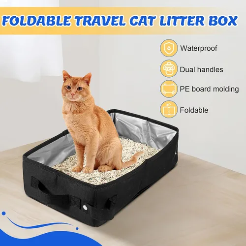 Vista 4 de Caja de arena plegable para gatos, caja de arena de viaje portátil para gatos con forro impermeable, ligera y fácil de limpiar, bandeja de arena