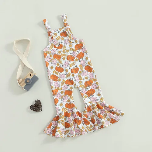 Vista 2 de Mameluco de Halloween para bebé niña con estampado de calabaza, tirantes delgados, volantes, traje de otoño de una pieza con pantalón acampanado
