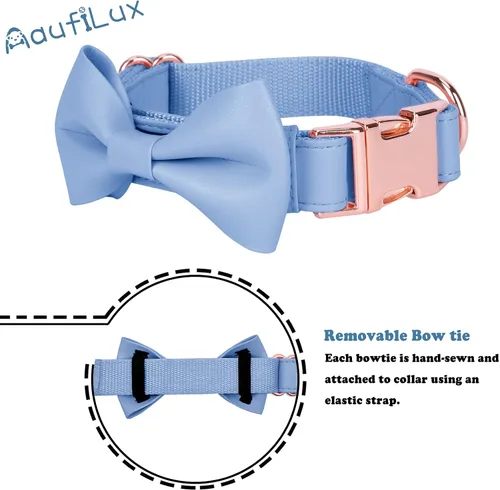 Vista 5 de Collar de cuero suave para perro, ajustable, lindo collar de pajarita [fácil de limpiar] con elegante hebilla de metal resistente de oro rosa