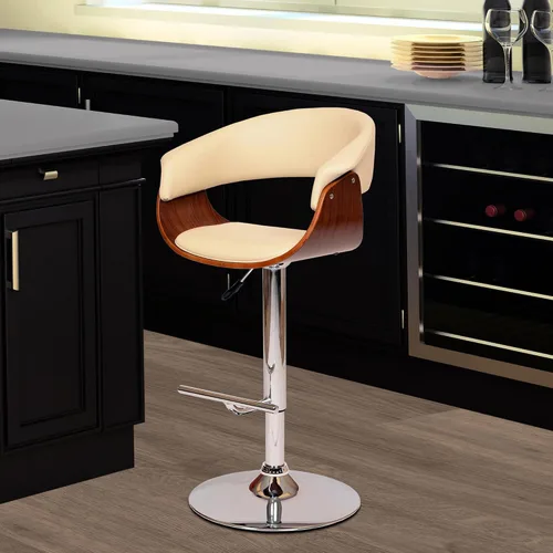 Vista 6 de HomeRoots Silla giratoria de cuero sintético color crema y plata de 44 pulgadas con respaldo bajo, altura ajustable y reposapiés