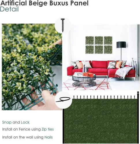 Vista 5 de ECOOPTS Valla de hiedra artificial de 20 x 20 pulgadas, panel de vegetación de boj beige para decoración de hiedra para el hogar, patio