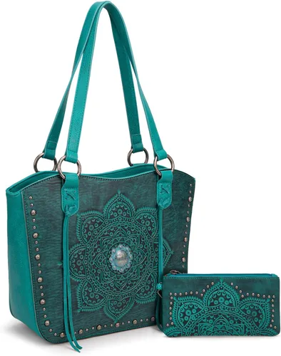 Vista 9 de Montana West Western Tooling Tote Bag with Wallet Set for Women Vintage Studded Top Handle Shoulder Handbag Negro floral