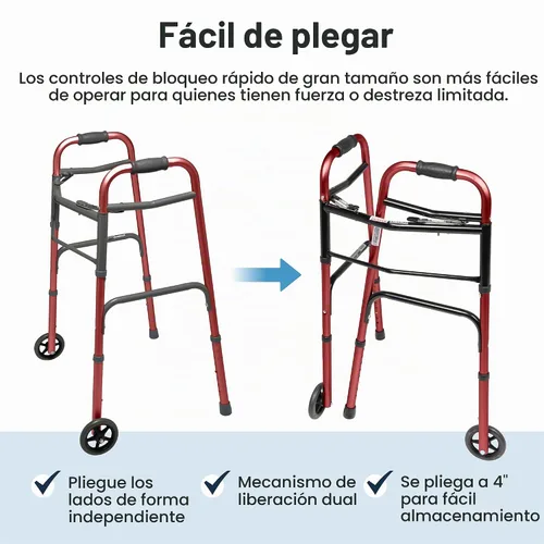 Vista 4 de Lumex ColorSelect Walker, Andador ligero y plegable de 2 ruedas para adultos y personas mayores, rojo