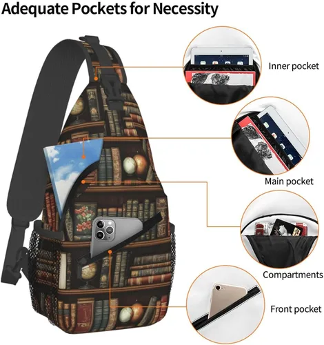 Vista 4 de Small Crossbody Bags for Women Men - Vintage Bookshelves Print Adjustable Shoulder Bag Fanny Packs Belt Sling Bag Crossbody Purses Backpack for
