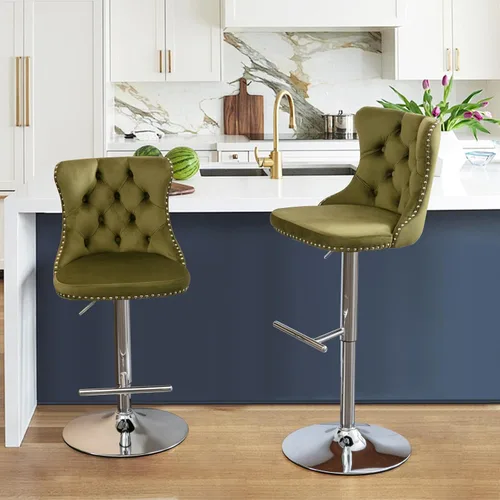 Vista 157 de SoarFlash Juego de 2 taburetes de bar tapizados de terciopelo moderno con patas de madera, botones acolchados, cabeza de clavo cromada, asiento