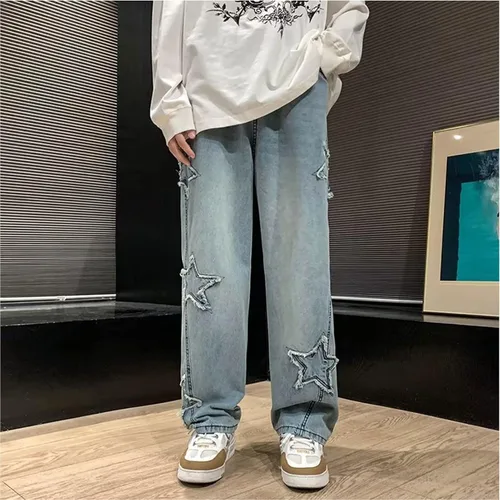 Vista 3 de Pantalones vaqueros Y2k para hombre, estilo hip hop, holgados, con estrellas, pantalones de mezclilla de pierna recta, pantalones deportivos