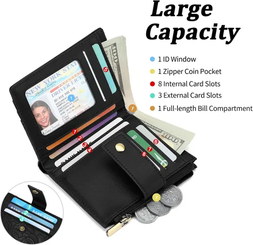Vista 2 de SENDEFN Billeteras pequeñas para mujer, con bloqueo RFID, de cuero, plegable, para tarjetas de crédito, bolsillo con cremallera y ventana