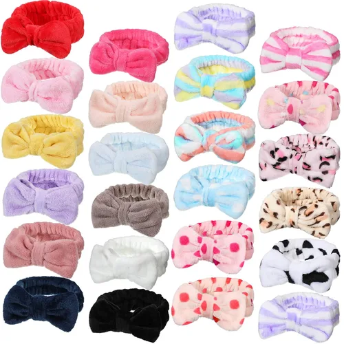 Vista 9 de Jexine 24 piezas de diademas faciales de spa para maquillaje, paquete de diademas para el cabello con lazo, diadema de pelo esponjosa y de felpa