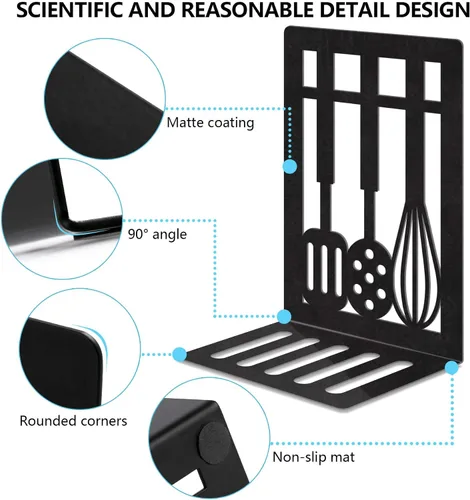 Vista 4 de Sujetalibros de metal, sujetalibros decorativos pesados para estantes, sujetalibros decorativos para el hogar para libros pesados, soporte negro