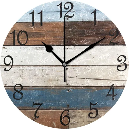 Vista 40 de Reloj de pared rústico retro con puerta de granero de madera, marrón, azul, funciona con pilas, silencioso, sin tictac, 10 pulgadas, reloj de mesa
