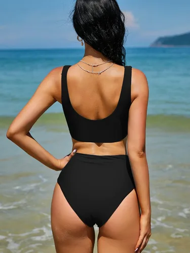 Vista 4 de ZAFUL - Traje de baño estilo bikini de dos piezas con cuello redondo y tiro alto para mujer
