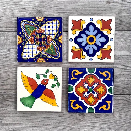 Vista 2 de Juego mixto de 4 posavasos mexicanos para azulejos