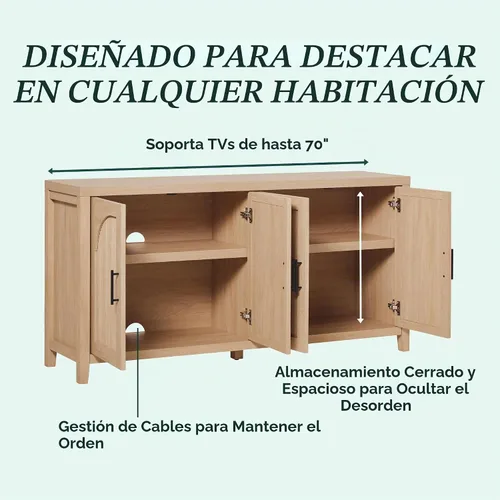 Vista 5 de Walker Edison Sasha - Aparador de buffet de 4 puertas con estrías y gestión de cables, 60 pulgadas, color roble costero