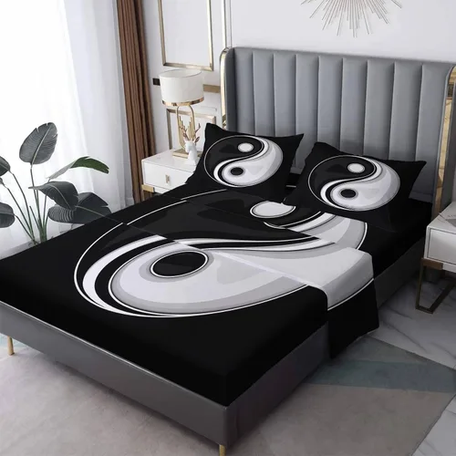 Vista 8 de Yin Yang - Juego de sábanas tamaño individual, sábanas japonesas, microfibra suave y bolsillo profundo, sábanas y fundas de almohada estampadas sin