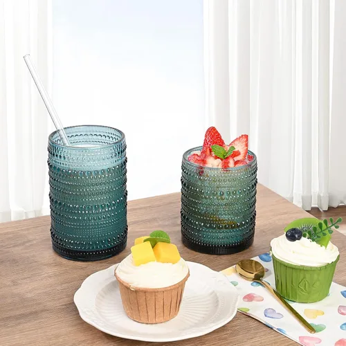 Vista 2 de ZMOWIPDL Juego de Cristalería Vintage de 12 Vasos para Beber, Azul 12oz y 15oz Vasos de Vidrio Hobnail, Vaso de Agua en Relieve, para Cerveza