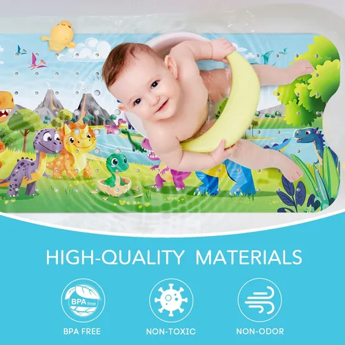 Vista 4 de SHUCHING Tapete de baño de dinosaurio para bebé antideslizante de 40 x 16 pulgadas, tapete de baño antideslizante para niños y bebés, tapete