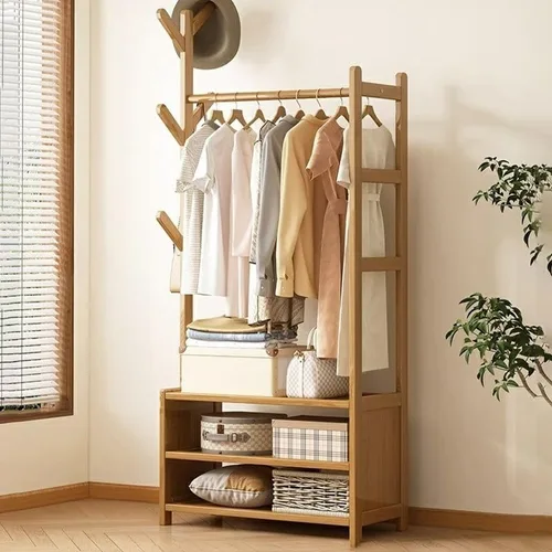 Vista 10 de Perchero de madera para colgar ropa con estantes de almacenamiento para entrada, pasillo, sala de estar