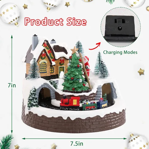 Vista 3 de DREAM GARDEN Casa de Pueblo Navideño, Santa Claus Trepando al Árbol de Navidad con Tren en Movimiento, Funciona con Batería, Edificios