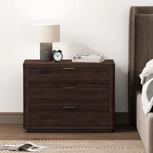 Vista 2 de Manhattan Comfort Evelyn - Mesita de noche con 3 cajones, mesa de noche minimalista de grano de madera con esquinas redondeadas y base elevada, mesa