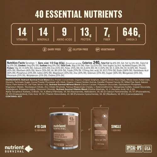 Vista 5 de Nutrient Survival Cereales MRE, crujientes de grano de chocolate (12 porciones), suministros de preparación liofilizados y suministro de alimentos