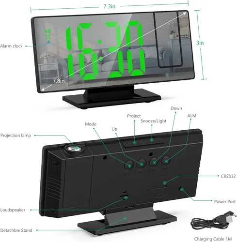 Vista 6 de ORIA Reloj despertador de proyección, reloj despertador electrónico LED, reloj despertador de escritorio con espejo de 7.8 pulgadas con temperatura